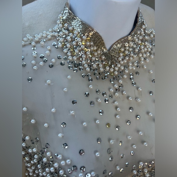 Vintage elegant cocktail dress beige sheer beads pearls sequins Peak Evenings XS - Picture 5 of 13
